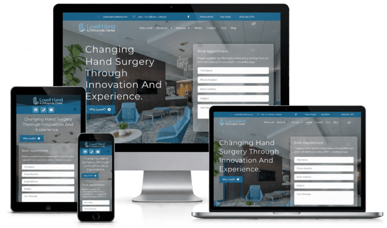 Website mockup for Lovell Hand & Orthopedic Center, shown on desktop and mobile devices
