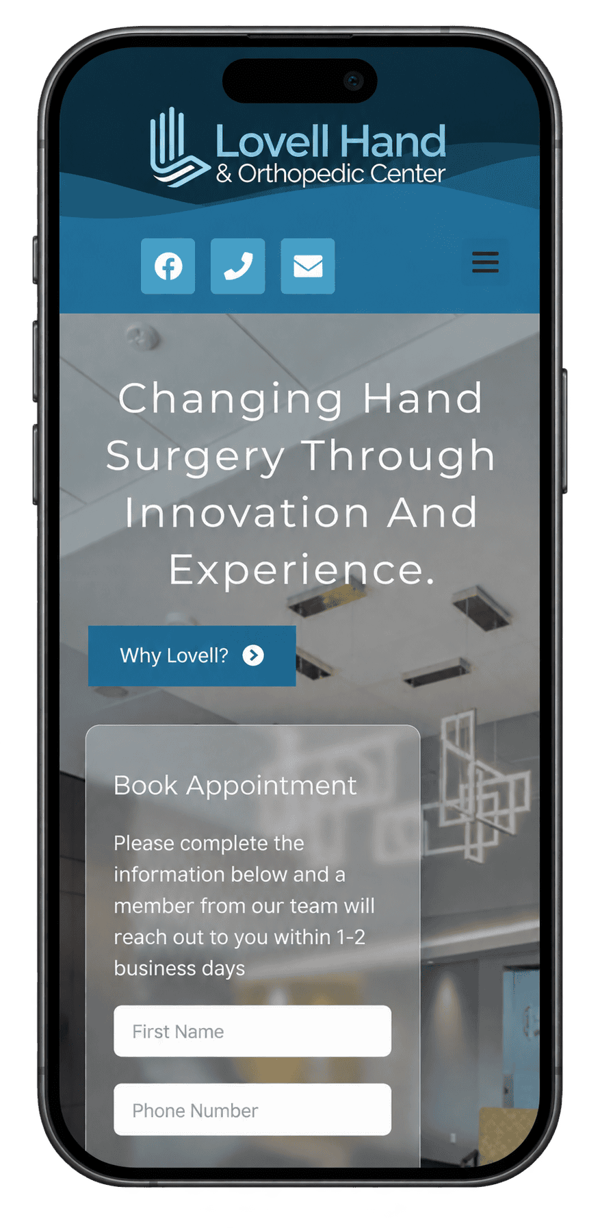 Mobile view of Lovell Hand & Orthopedic Center website with appointment booking form.