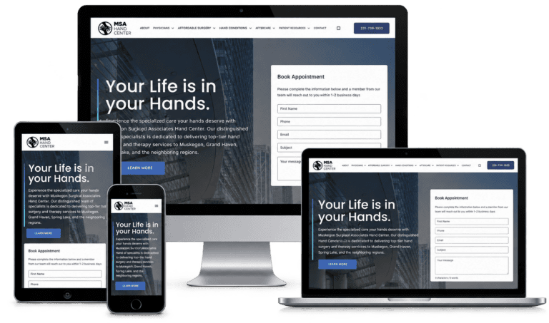 Website mockup for MSA Hand Center, shown on desktop and mobile devices