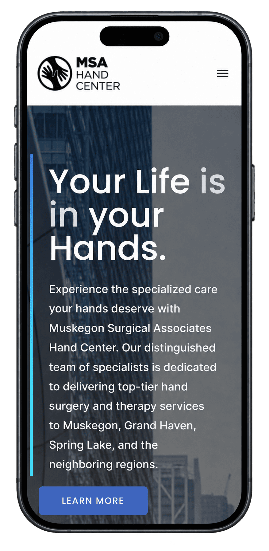 Mobile website of MSA Hand Center showing services for hand surgery and therapy.